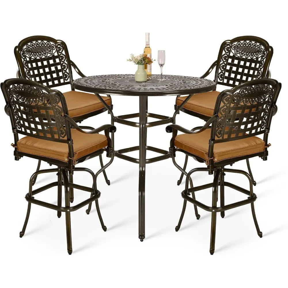 5-Piece Outdoor Swivel Bar Stools Set, All Weather Cast Aluminum Patio Bar Height Bistro Set with 4 Cushioned Bar Chairs
