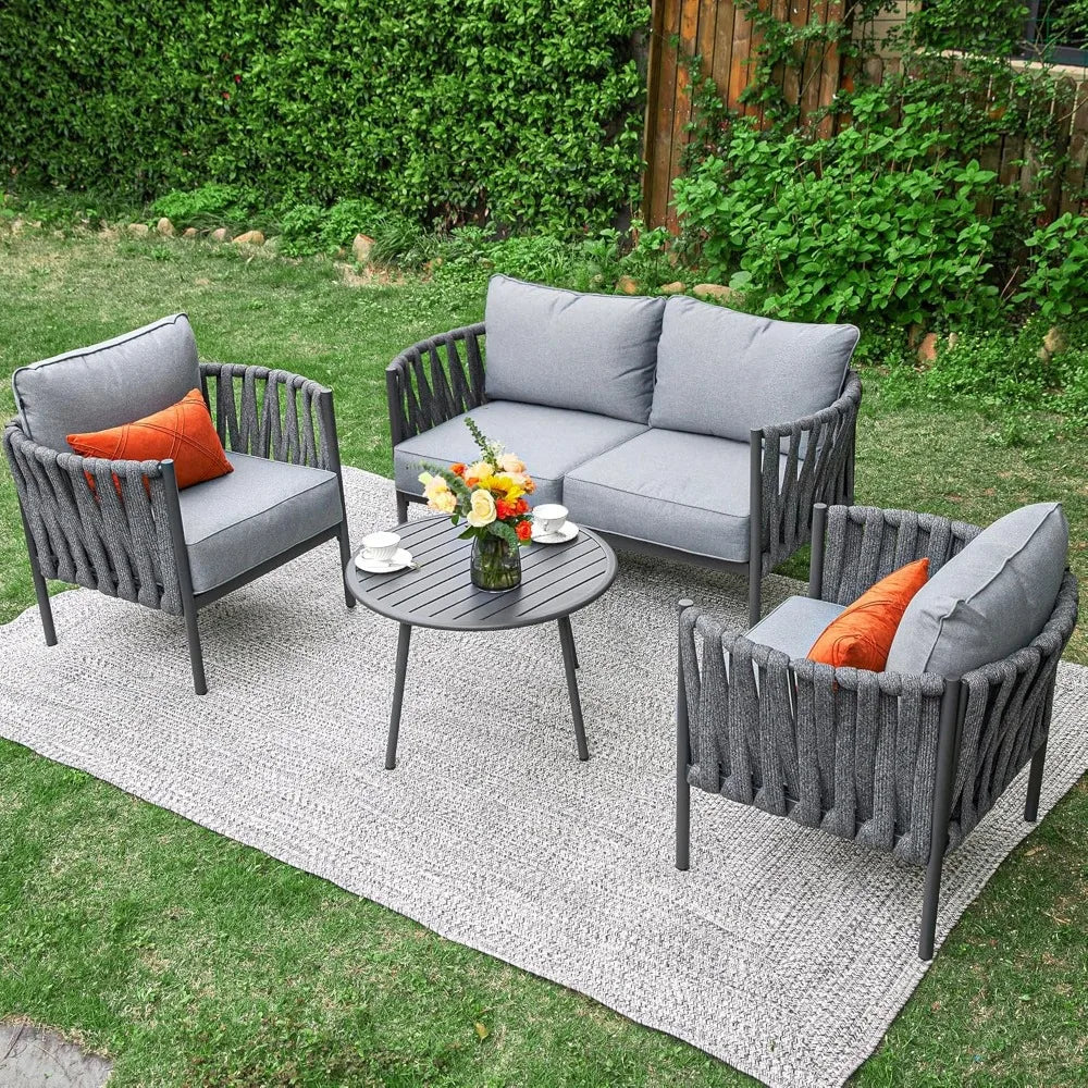 4 Piece Patio Furniture Set, Modern Patio Conversation Set, Outdoor Furniture with Table, Outdoor Sofa with Washable