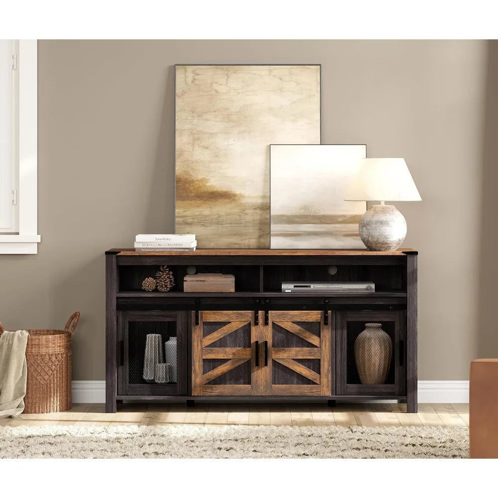 Farmhouse Buffet Cabinet, Rustic Sideboard with Sliding Barn Doors, 59" Coffee Bar Storage Cabinet with Mesh Doors, Antique