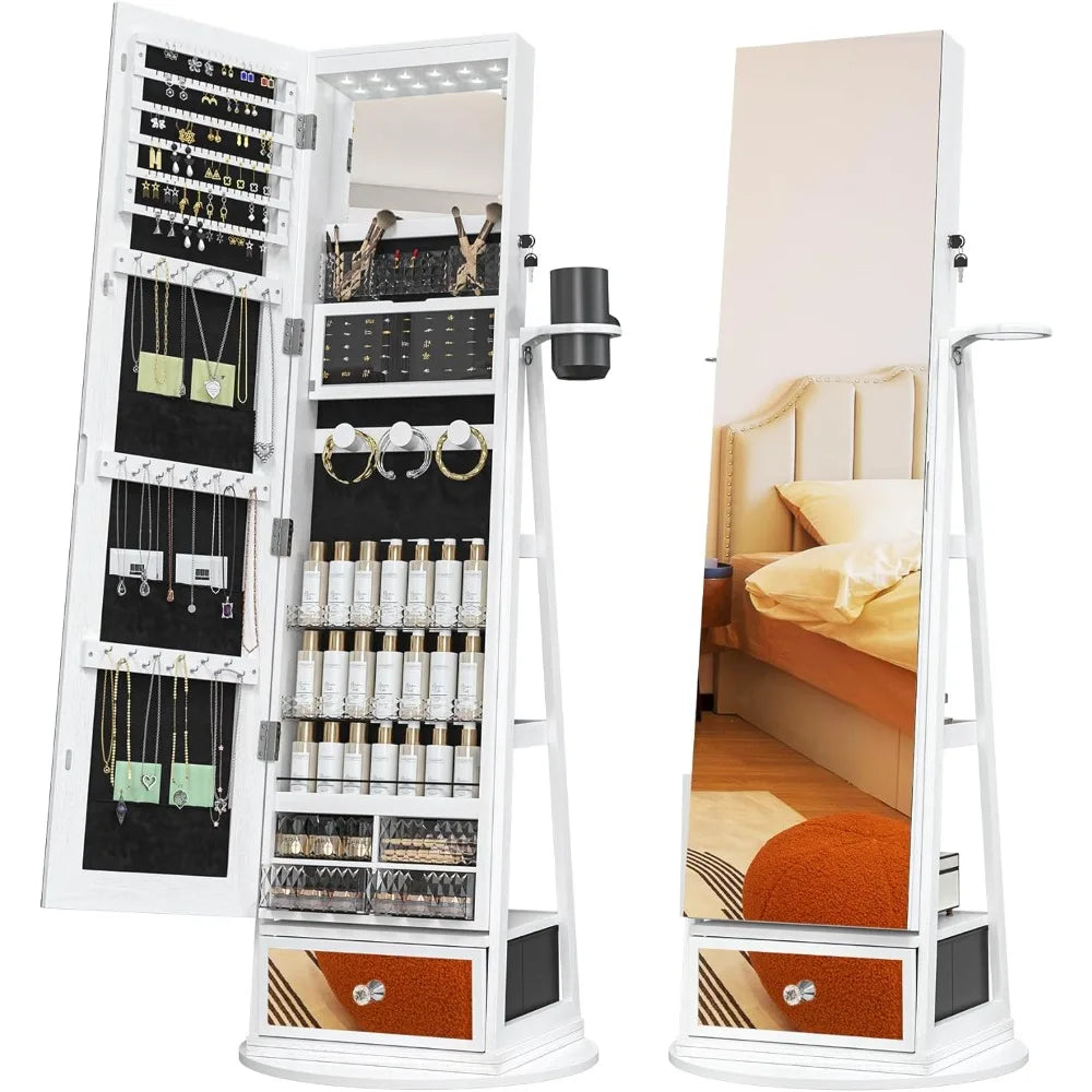360° Swivel Jewelry Cabinet with Mirror, 6 LED Lights, Rotatable Full Length Mirror with Jewelry Storage Shelf, Standing Jewelry