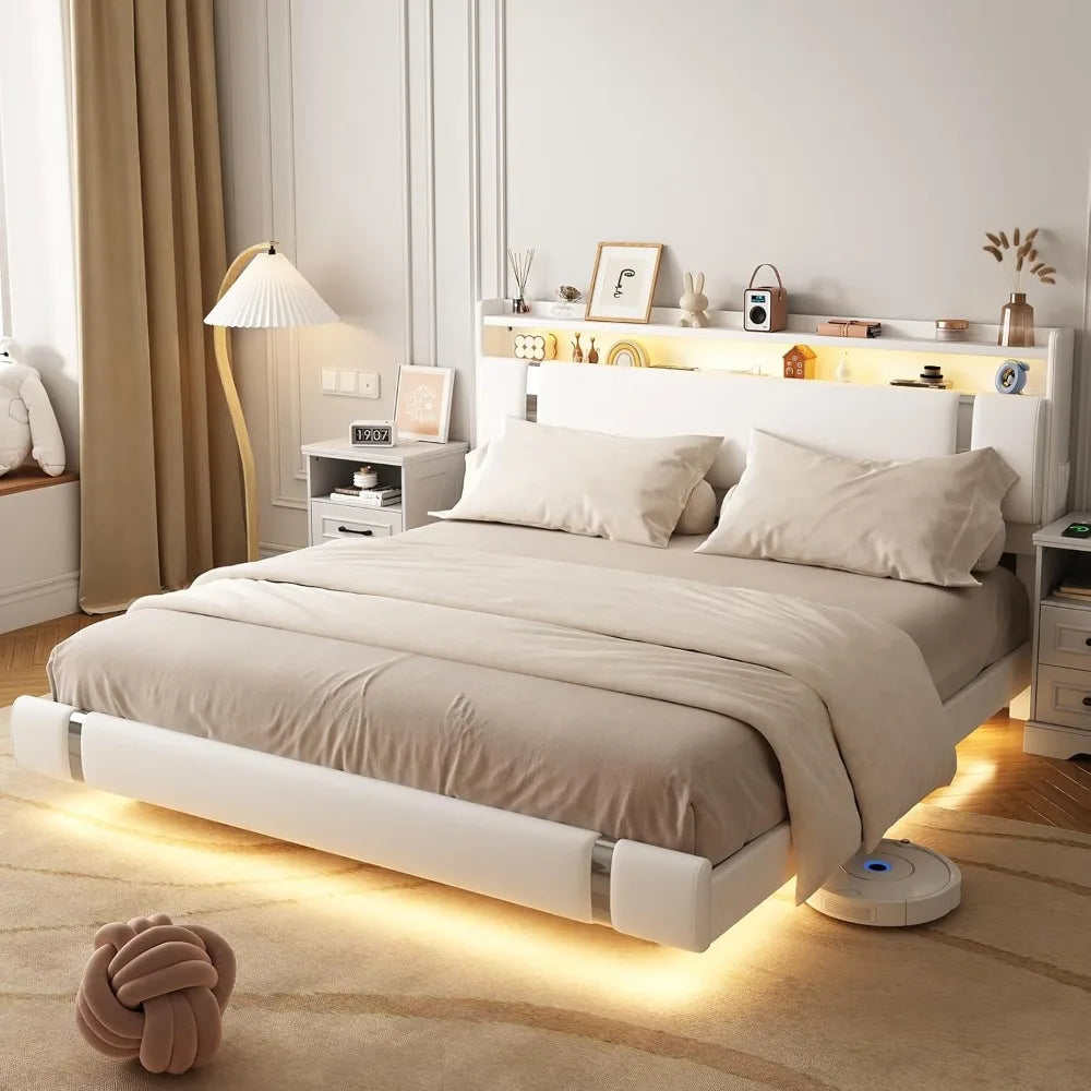 Floating Bed Frame with LED Light and Charging Station, Modern White Queen Size Metal Platform Bed Frame with Storage Headboard