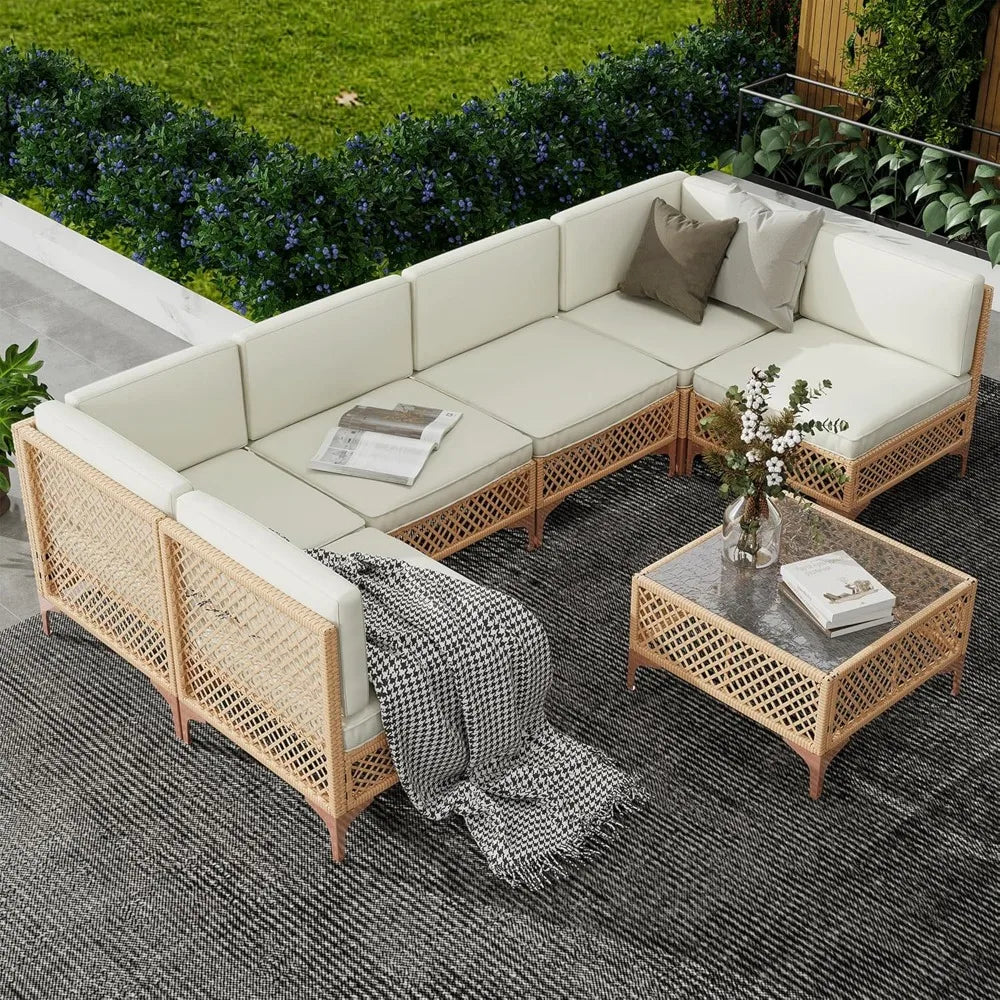 7-Piece Boho Wicker Outdoor Sectional: Patio Sofa with Glass Coffee Table & Thickened Waterproof Cushions