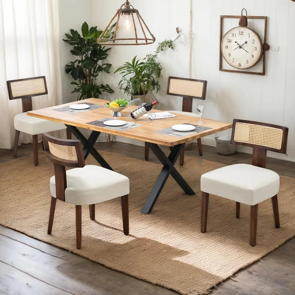 Farmhouse Rattan Dining Chairs Set of 4, Upholstered Modern Dining Room Chairs with Curved Cane Back, Brown Wood Frame Armless