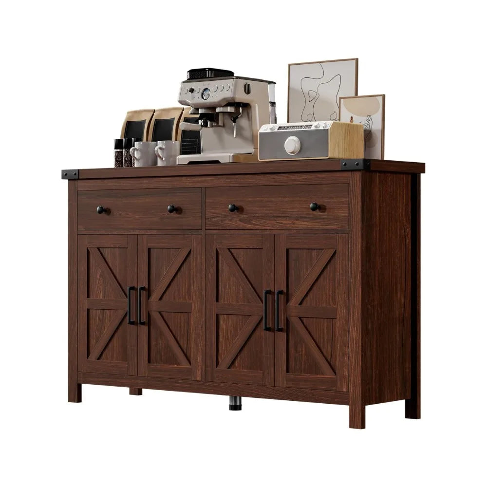 Buffet Cabinet with Storage Farmhouse with 4 Doors and 2 Drawers, 55'' Large Kitchen Storage Cabinet Cherry Wood Coffee Bar