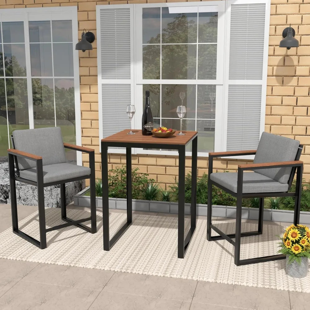 3-Piece Bar Table and Chairs Set, Outdoor Bar Set with Fauxwood Armrest, Water-Resistant and Removable Cushion