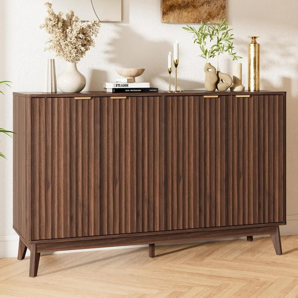 Walnut Fluted Sideboard Buffet Cabinet with Storage 55in Large Wood Credenza Accent Cabinet for Living Room Entryway Dining Room