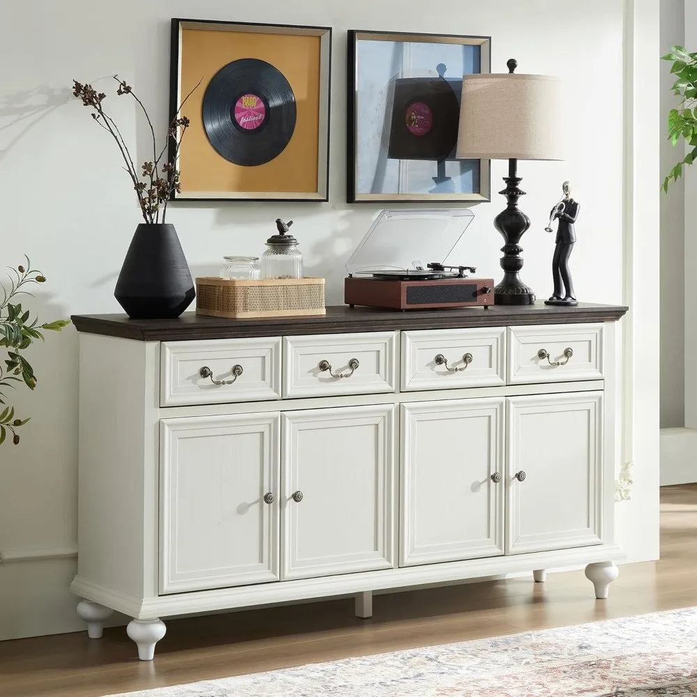 Sideboard Buffet Cabinet with Storage - 62" Large Buffet Cabinet with 4 Drawers & 4 Doors, Modern Farmhouse Coffee Bar Buffet