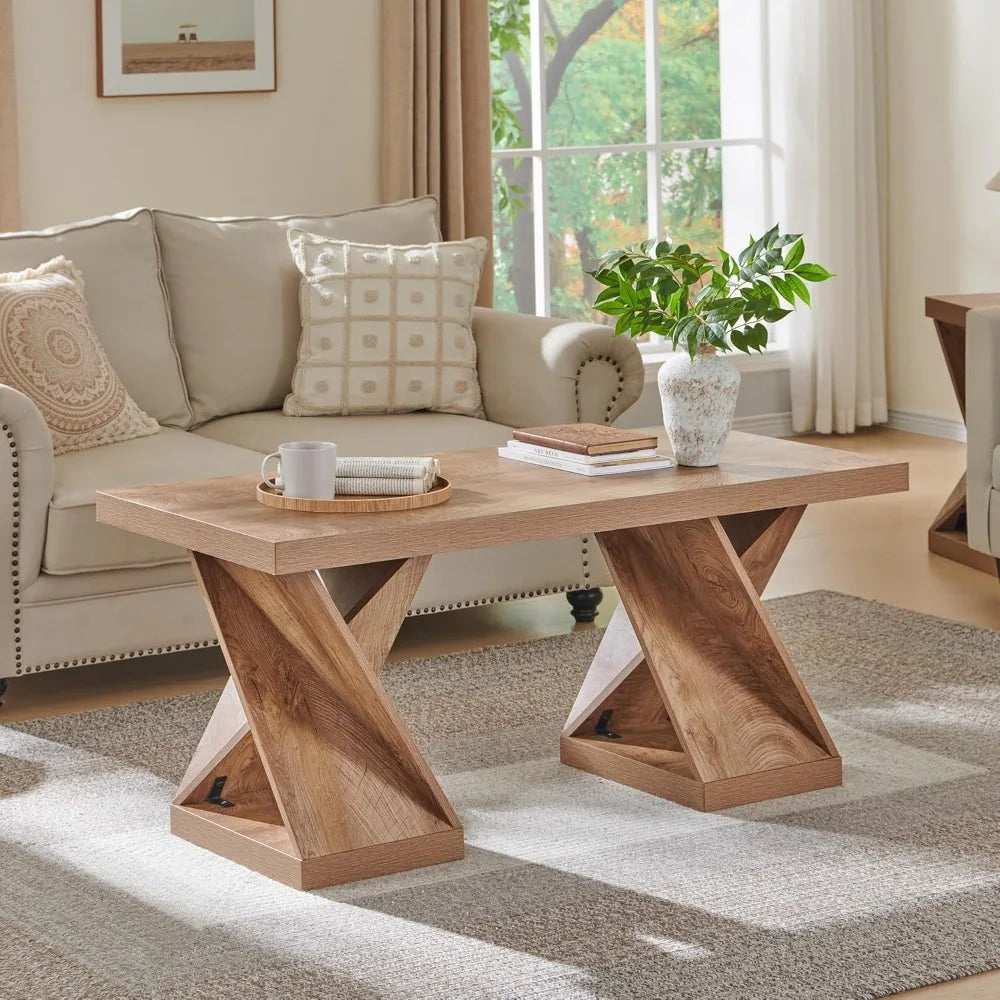 Modern Coffee Table, 48" Twisted Center Table with Wood Thickened Pedestal, Rectangular Rustic Living Room Table, Farmhouse