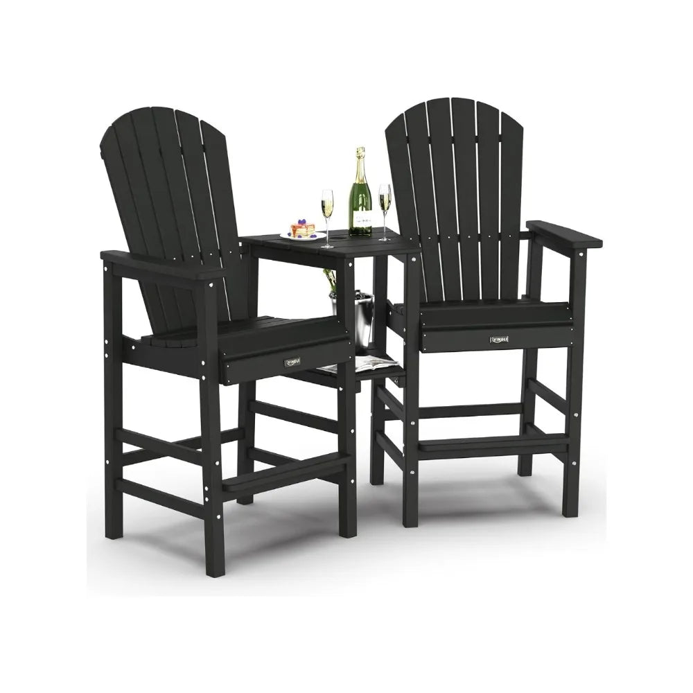 Tall Adirondack Chairs Set of 2, HDPE Balcony Chair with Double Connecting Tray Weather Resistant Outdoor Bar Stools for Patio