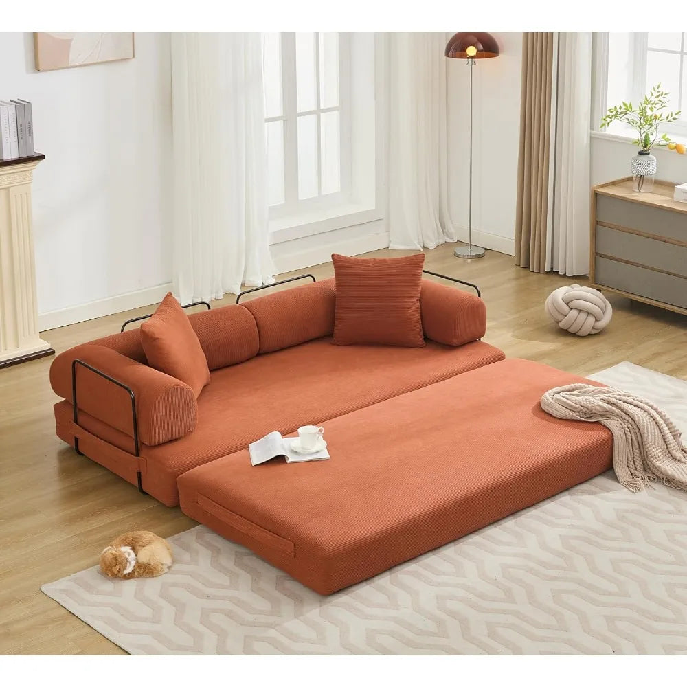Convertible Sleeper Sofa Bed with Cylindrical Pillow, Corduroy Folding Mattress Couch with Fixed-Shape Frame, Floor Sofa Lounge