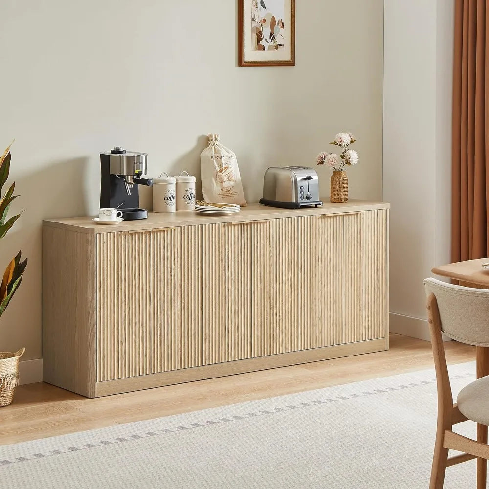 67" Fluted Oak Sideboard Buffet Cabinet with Storage, Large Buffet Cabinet with 6 Doors, Wood Mid Century Modern Sideboard