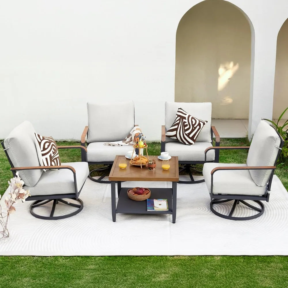 5 Piece Patio Furniture Set, Outdoor Conversation Set with 4 Pcs Swivel Rocking Chairs and 27" Double-layer Coffee Table