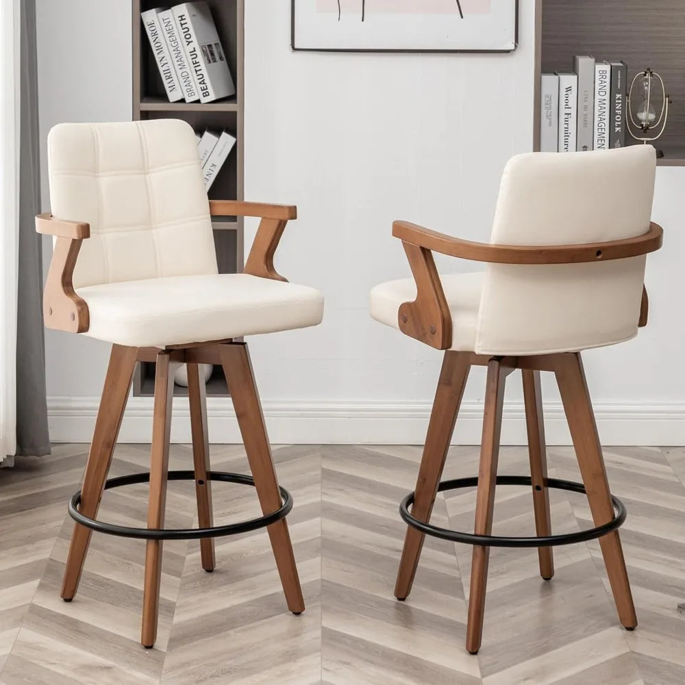 26” Counter Height Bar Stools,Leather Upholstered Bar Chair, Swivel Bar Stools with Back and Arms，Modern Beige Barstool Set of 2