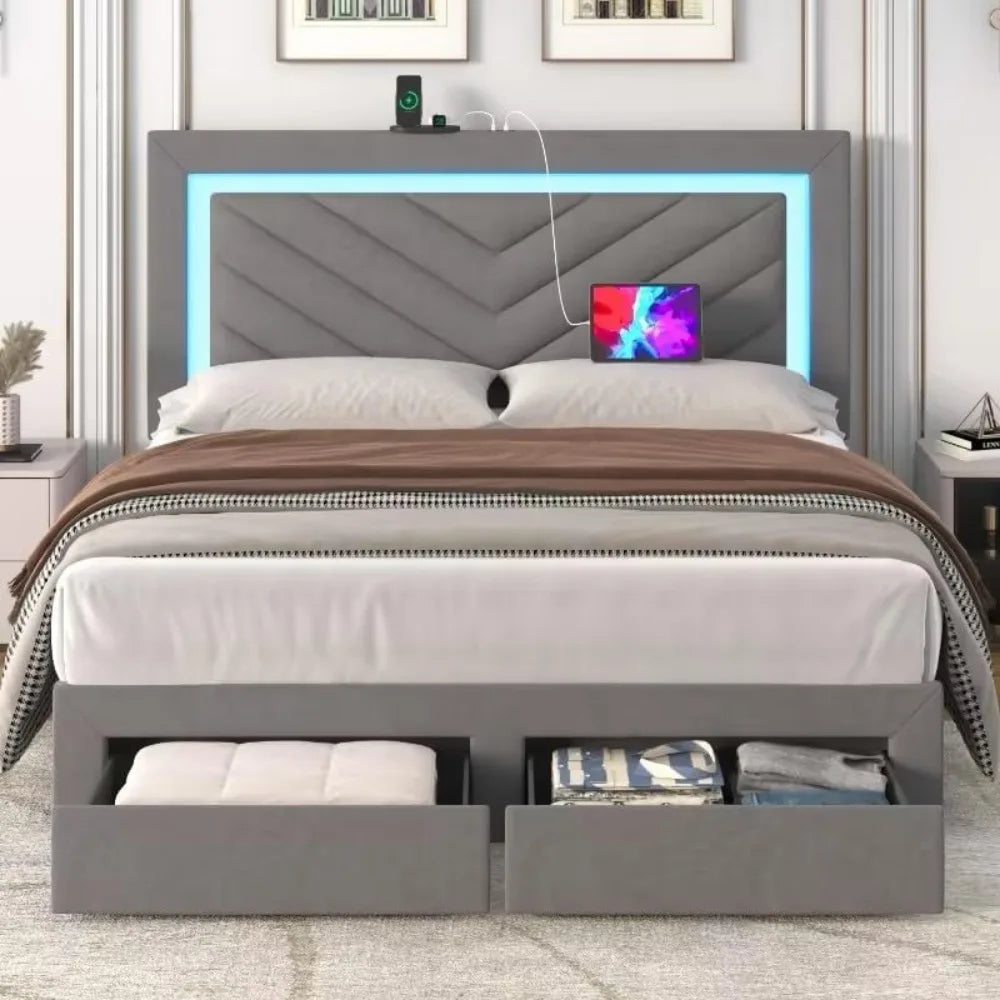 Upholstered Full Bed Frame with LED Headboard and Storage Drawer, Velvet Platform Bed Frame Full Size with Charging Station