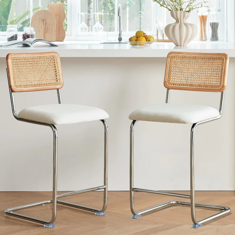 Natural Rattan Counter Height Stools Set of 2 with Solid Wood Back, 24 Inch Mid Century Modern Cesca Bar Stools