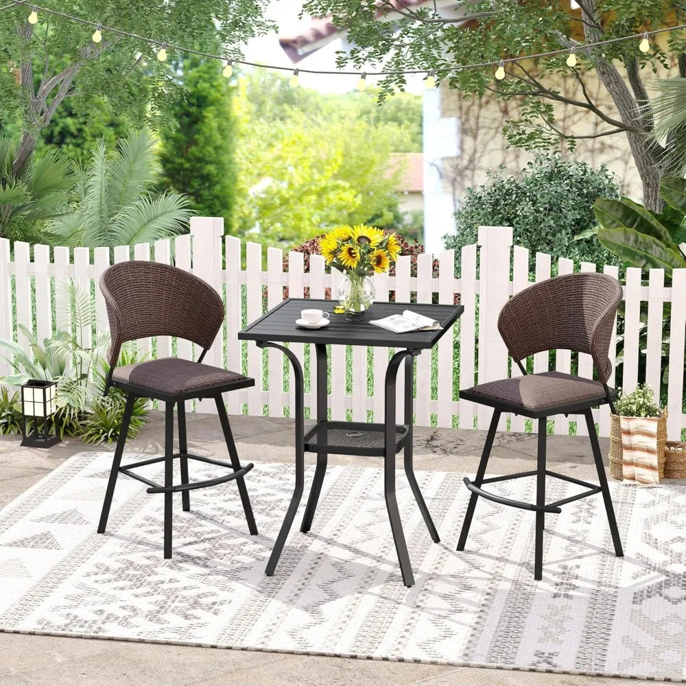 3 Pieces Outdoor Patio Bar Set, Square Bar Height Table with Umbrella Hole and 180-Degree Swivel Rattan Tall Patio Chair