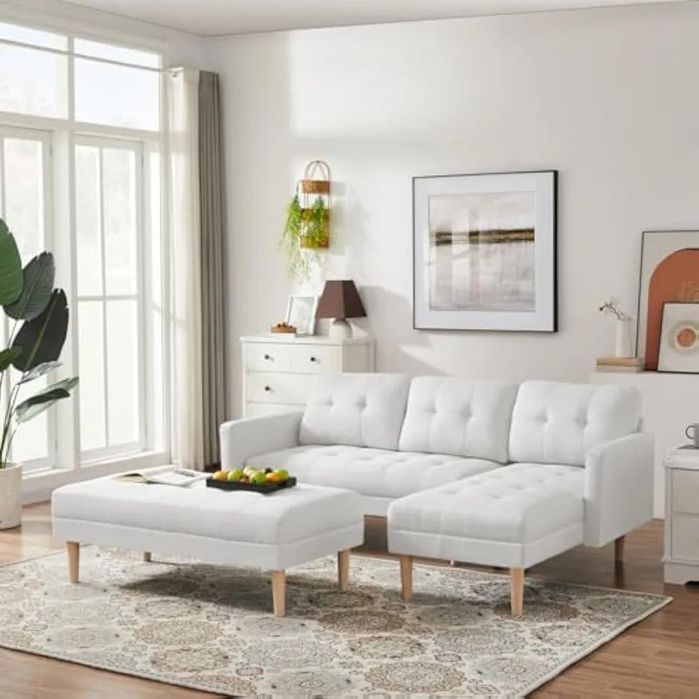 Modern Sectional Sofa Bed, L-Shape Sofa Chaise Lounge with Ottoman Bench for Living Room (White Fabric)