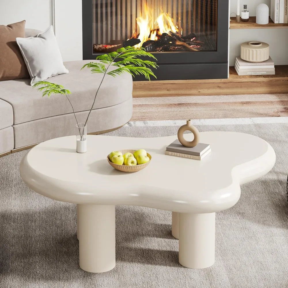 39.4" Cloud Coffee Table, Cute Cream Coffee Table with 4 Solid Legs, Modern Carton Center Table for Living Room, Home Office