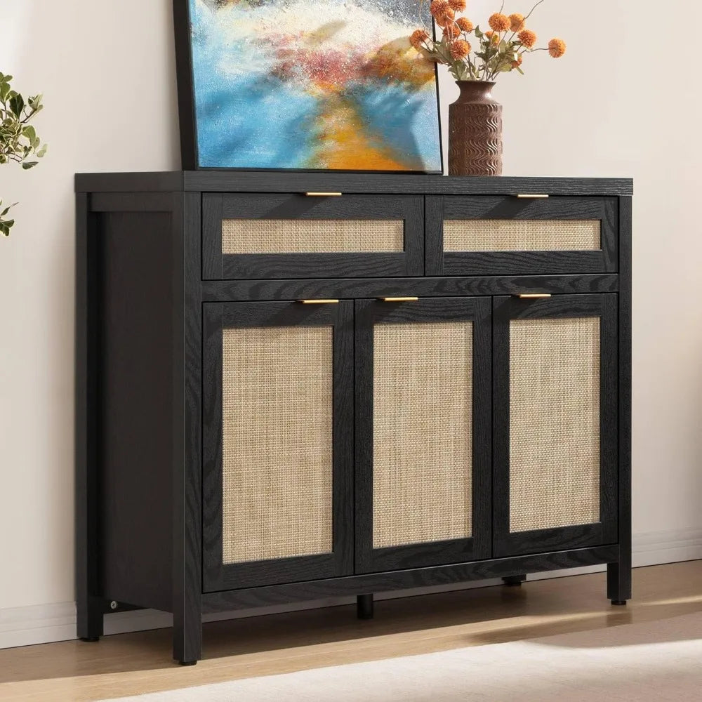 Rattan Sideboard Buffet Cabinet with Storage,Boho Credenza Accent Cabinet with 3Doors and 2 Drawers,Farmhouse Console Coffee Bar