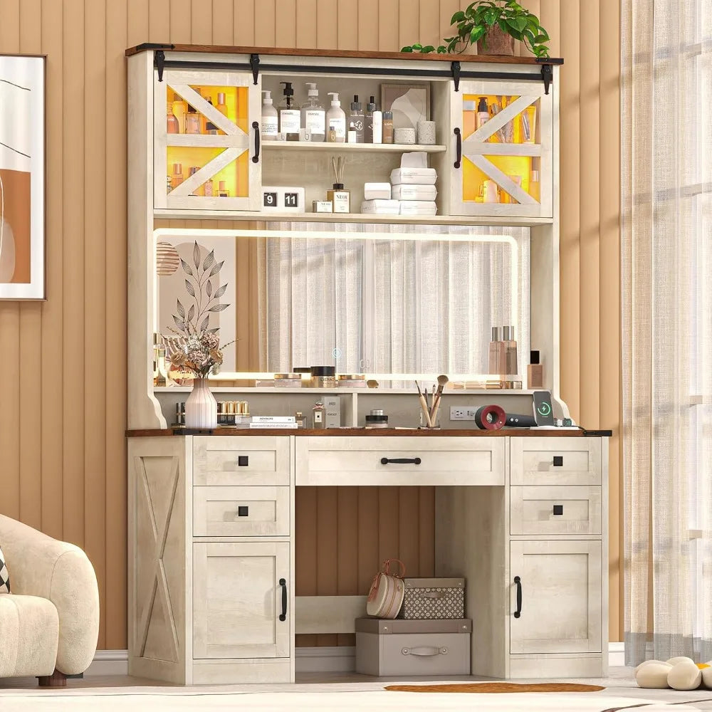 75.2" Farmhouse Vanity Desk with Mirror and Lights, Makeup Vanity Table with 5 Drawers & 2 Sliding RGB Door & Power Outlet