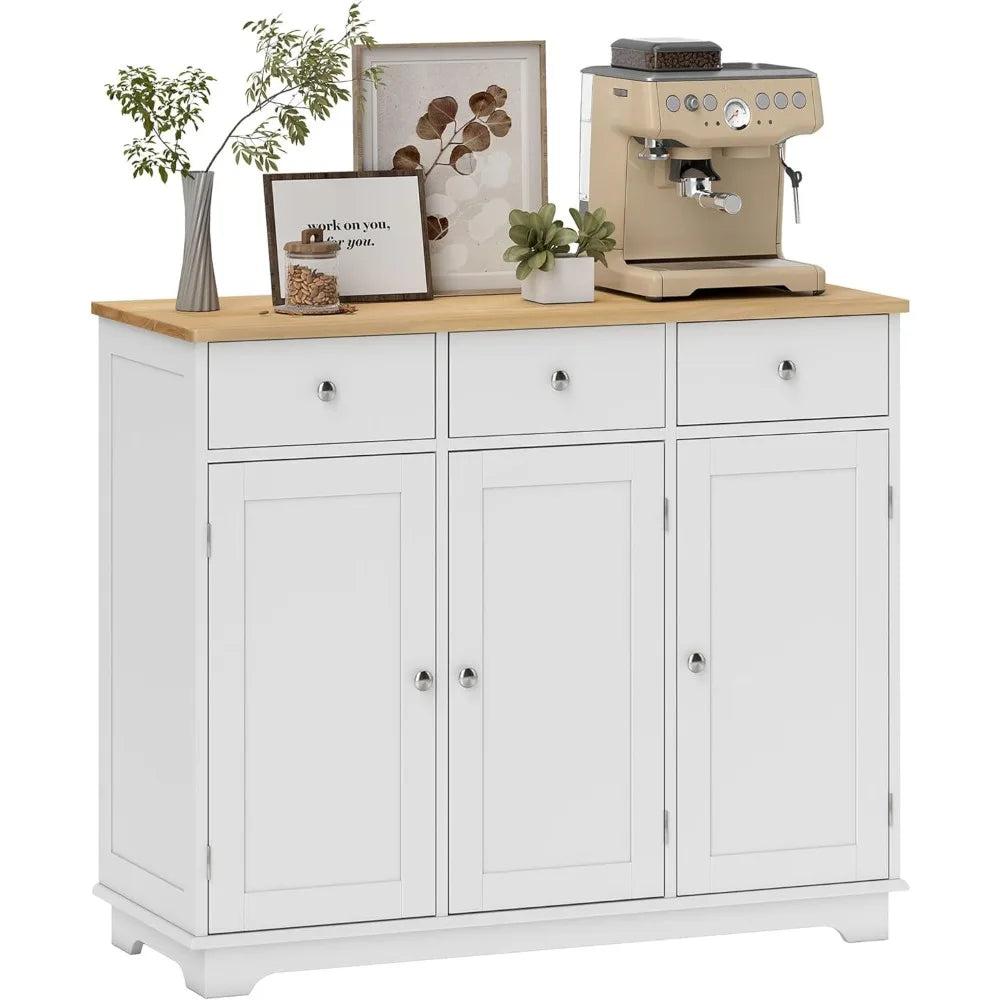 Sideboard with Solid Wood Countertop, Modern Kitchen Storage Cabinet, Coffee Bar Cabinet with 3 Drawers, Doors and Adjustable