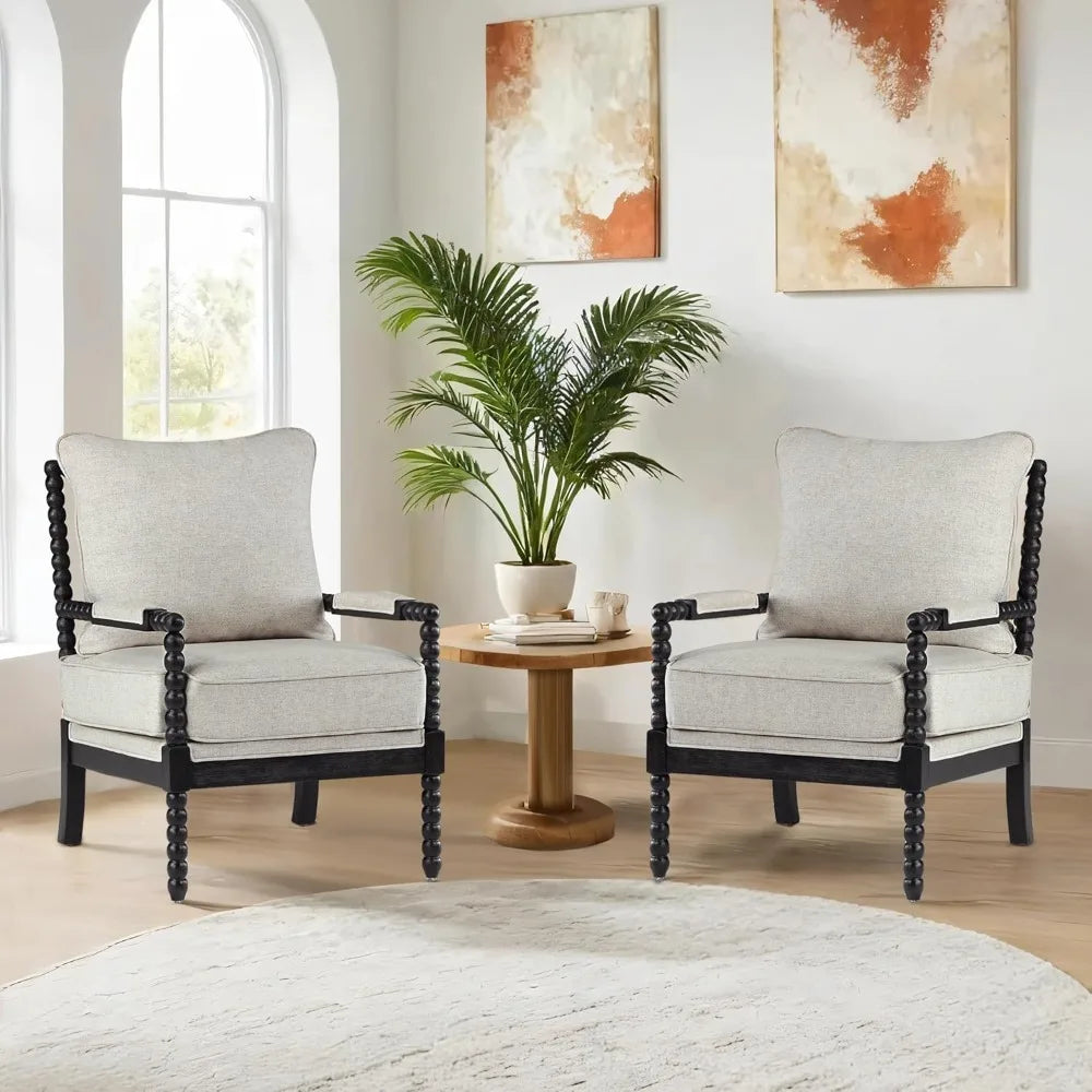Linen Fabric Spindle Accent Chairs Set of 2,Bobbin Chair with High Resilience Spring Cushion and Armrest Pads,Leisure Armchair
