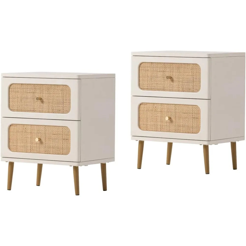 Wicker Rattan Nightstand Set of 2, 2-Drawer End Table White Finish Side Table for Small Spaces, Modern Farmhouse Wooden