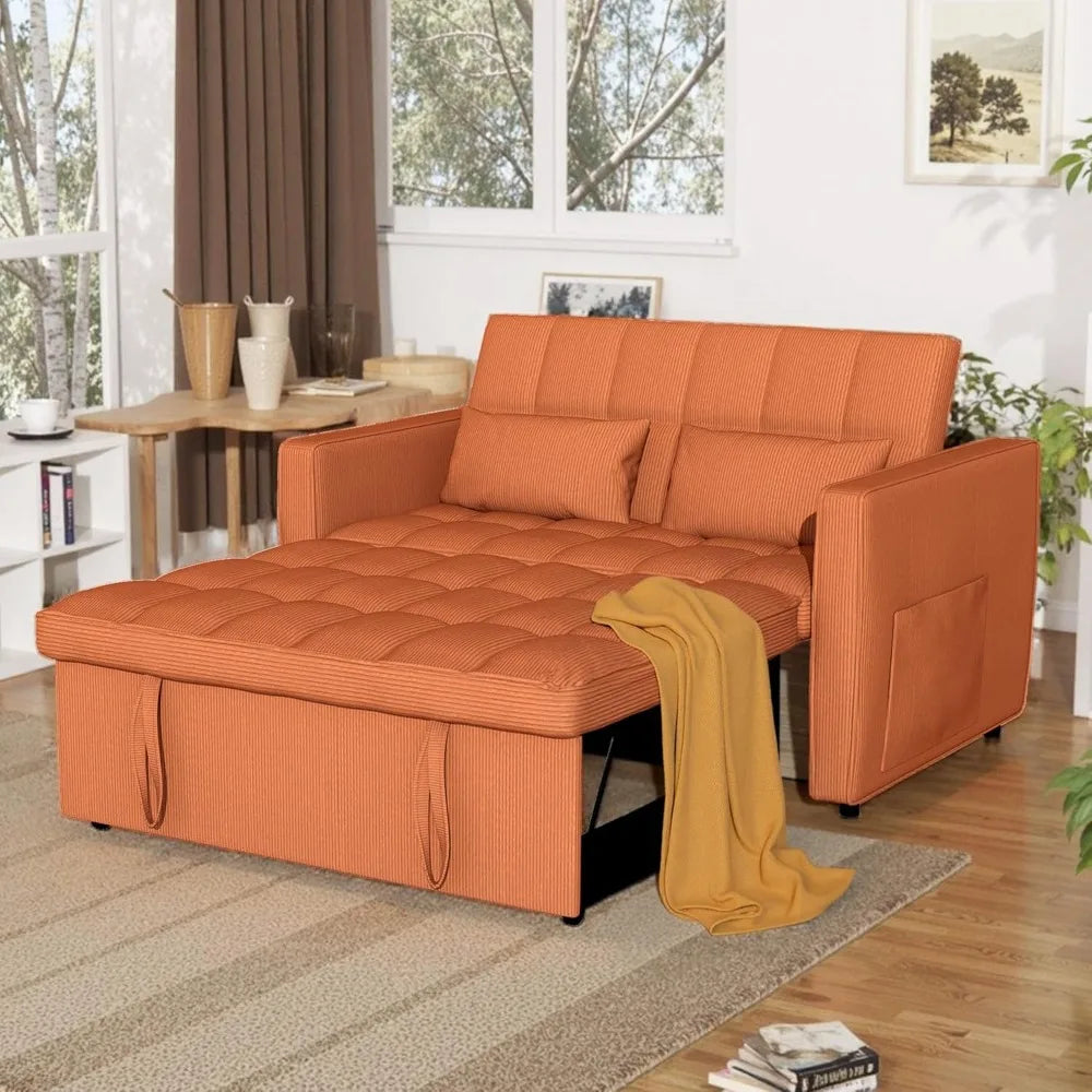 Sleeper Sofa Bed,55'' Convertible Pull Out Couch with Side Pockets,Corduroy Fabric Loveseat Sleeper Sofa with Adjustable Backres