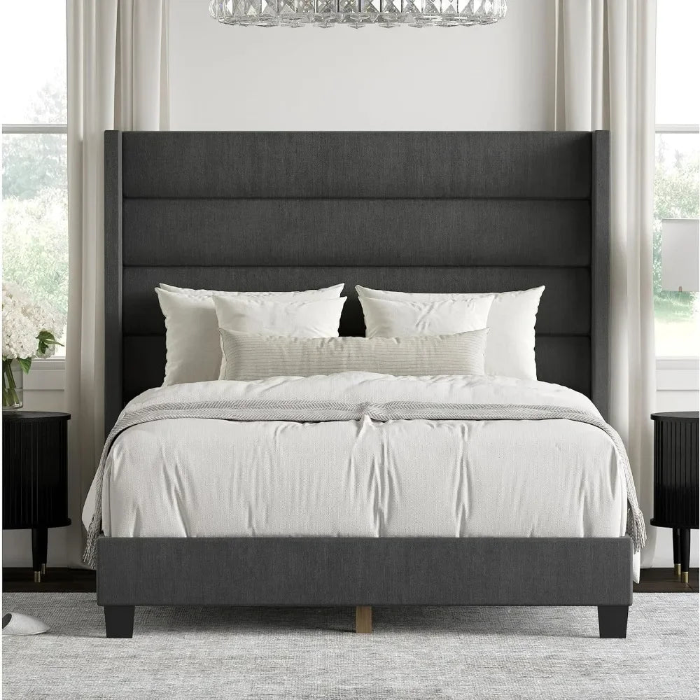 Upholstered Panel Bed Frame with Tall Tufted Horizontal Channel Wingback Headboard, Queen Size in Charcoal Fabric