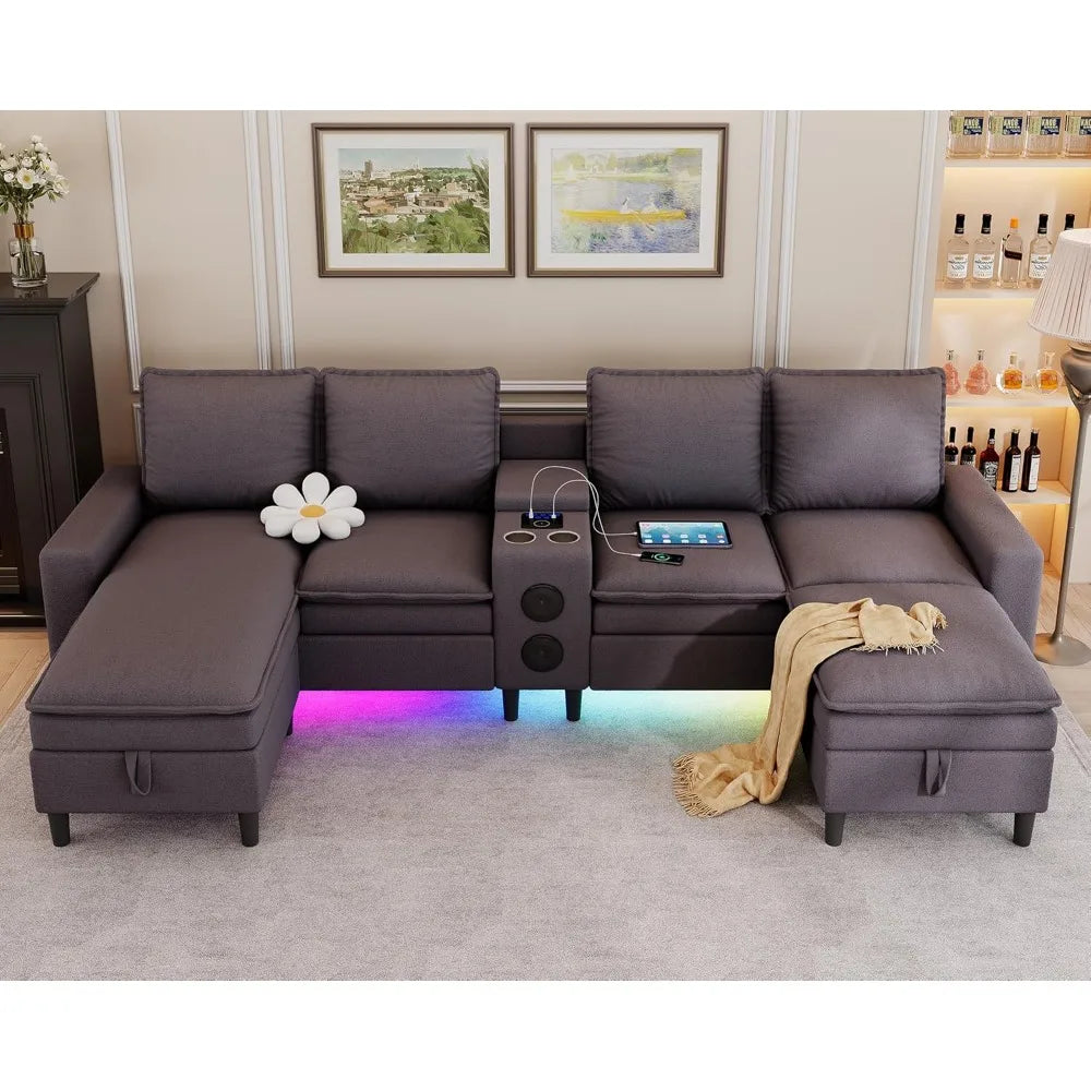 Sectional Couches for Living Room, 4 Seat Sectional Sofa with Smart Module-Bluetooth Speaker/RGB Light/Charging Station