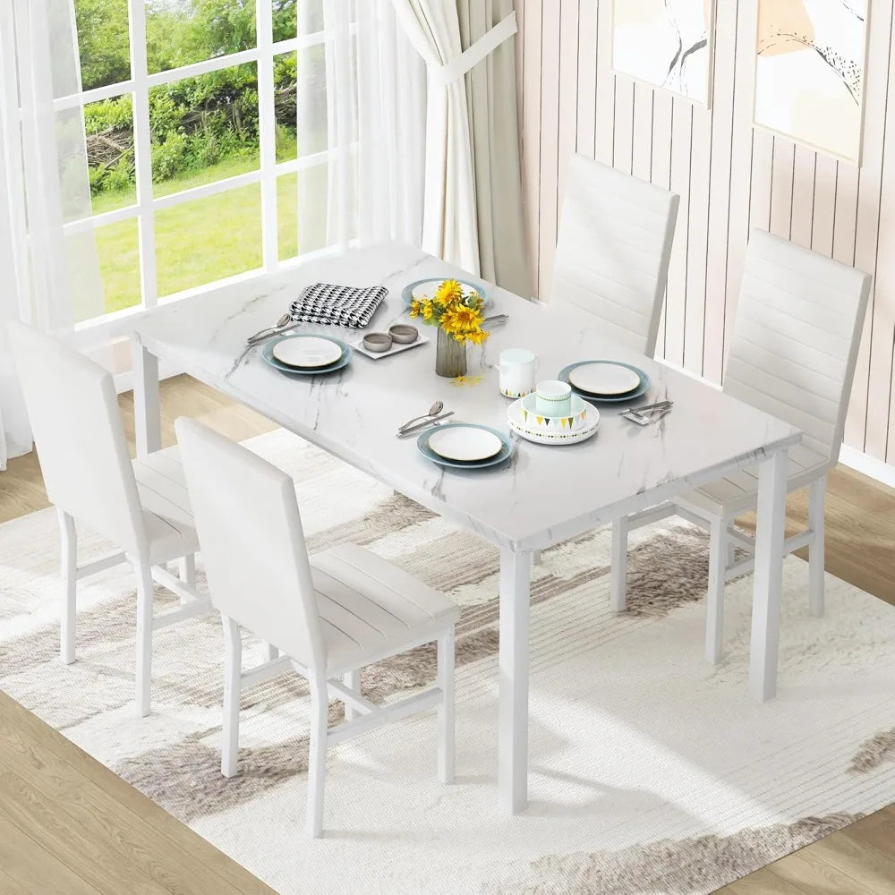 Dining Table Set for 4, Marble Kitchen Table and Chairs for 4,Comfortable PU Leather Chairs,Dining RoomTable Set for Small Space