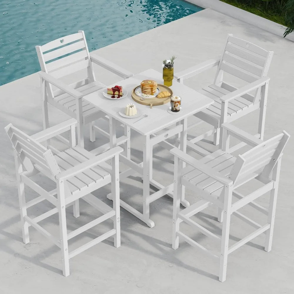 5-Piece Bar Height Patio Table and Chairs Set, HDPE Wood Grain Outdoor Bar Table and Chairs with Heart Cutout Design