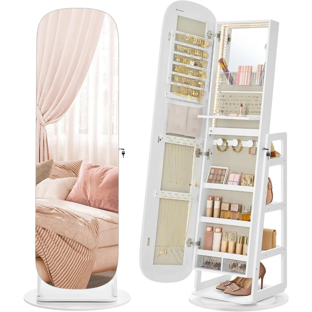 LED Jewelry Cabinet, 360° Swivel Jewelry Organizer, Lockable Mirror Jewelry Cabinet Standing, Rounded Wide Full-Length  Mirror