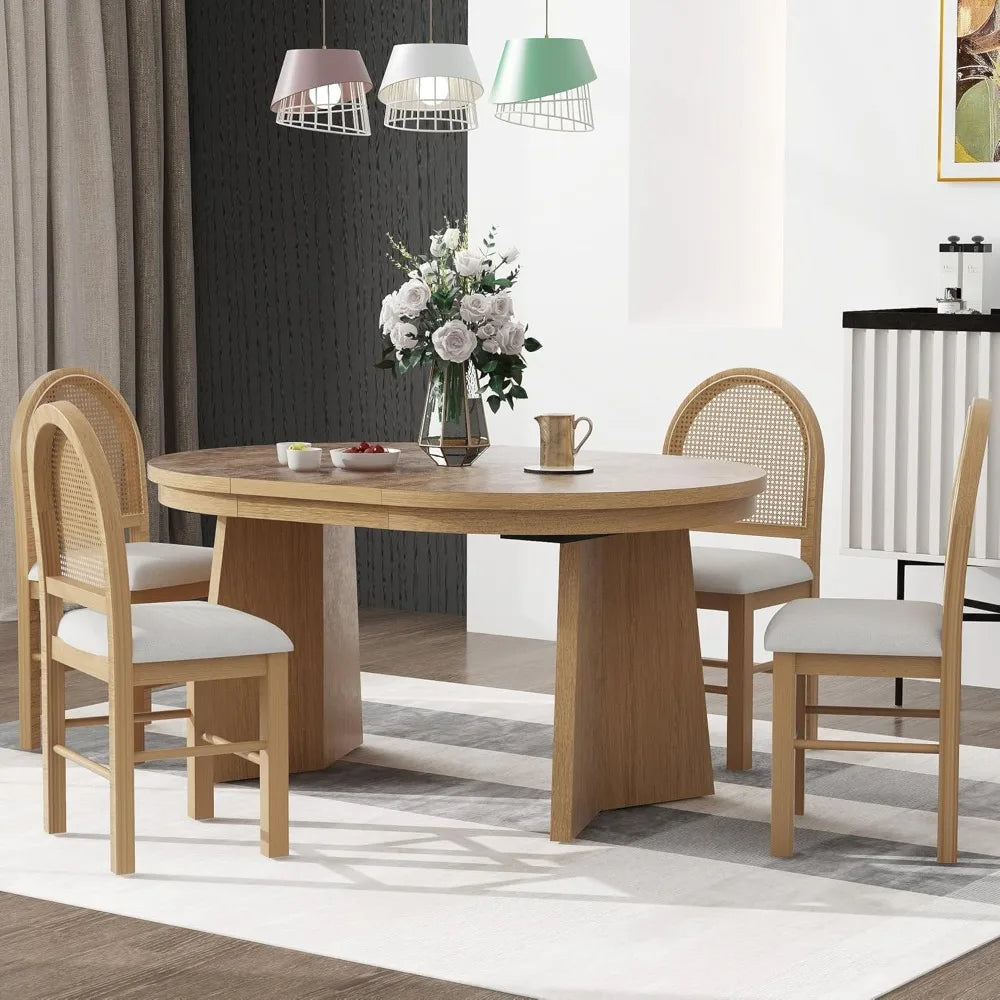 5-Piece Retro Functional Dining Set, Solid Wood Extendable Dining Table with 4 Upholstered Chairs and Rattan Backrests