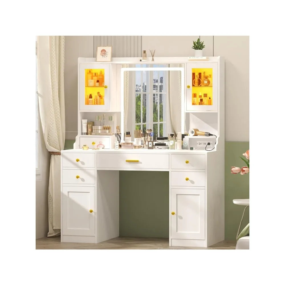 Vanity Desk with Mirror and Lights, White Makeup Vanity Table with Charging Station，Large Vanity Desk with 6 Drawers & 2 RGB