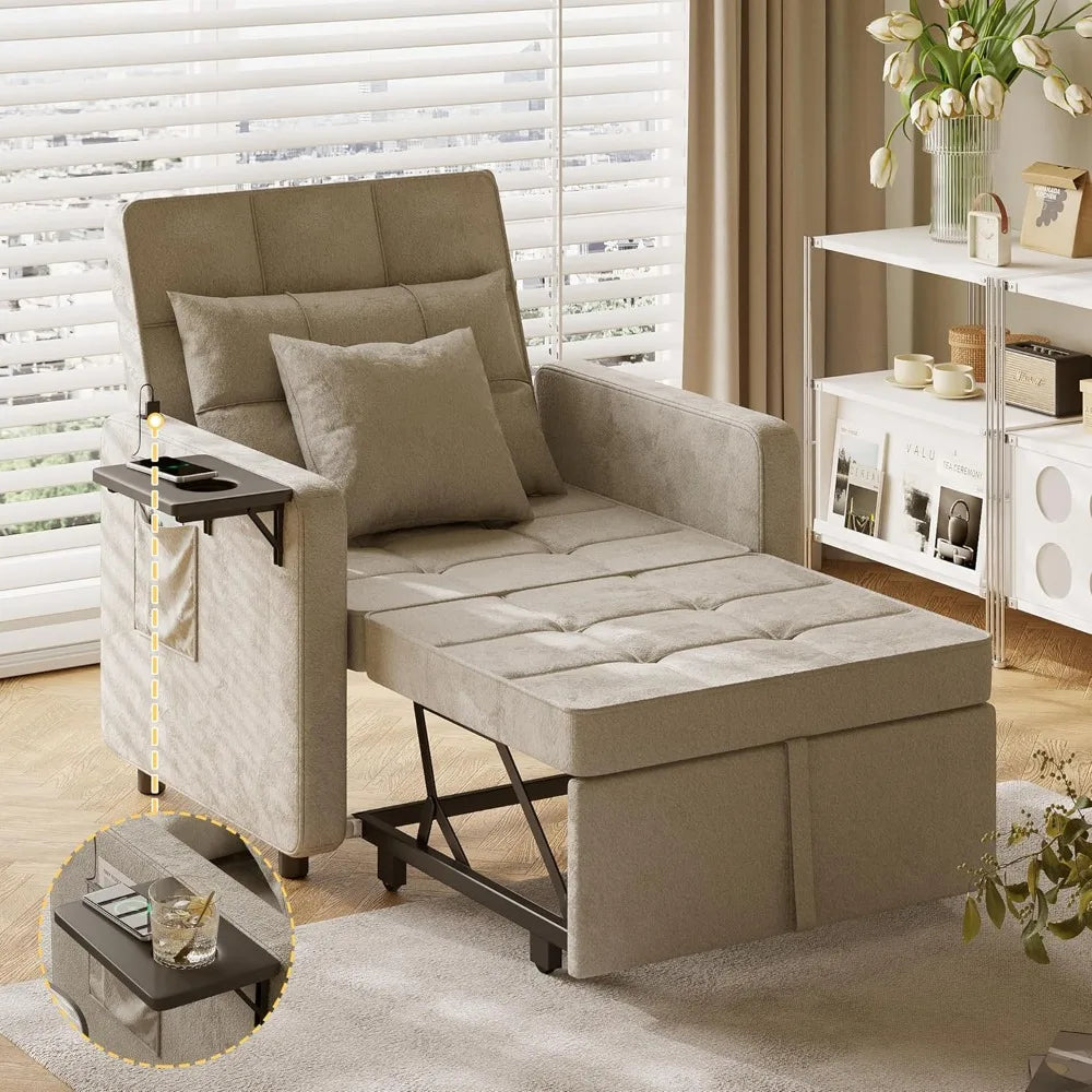 Chenille Sofa Bed Chair with Wing Table and USB Ports Outlet, 3-in-1 Sofa Chair Bed Couches with Two Pillows, Chenille Sleeper