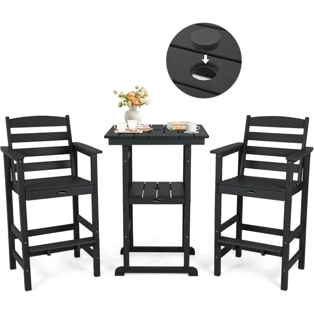 Outdoor Bar Set with Umbrella Holes, Tall Adirondack Chairs and Table, All Weather HDPE Bar Height Outdoor Table and Chairs