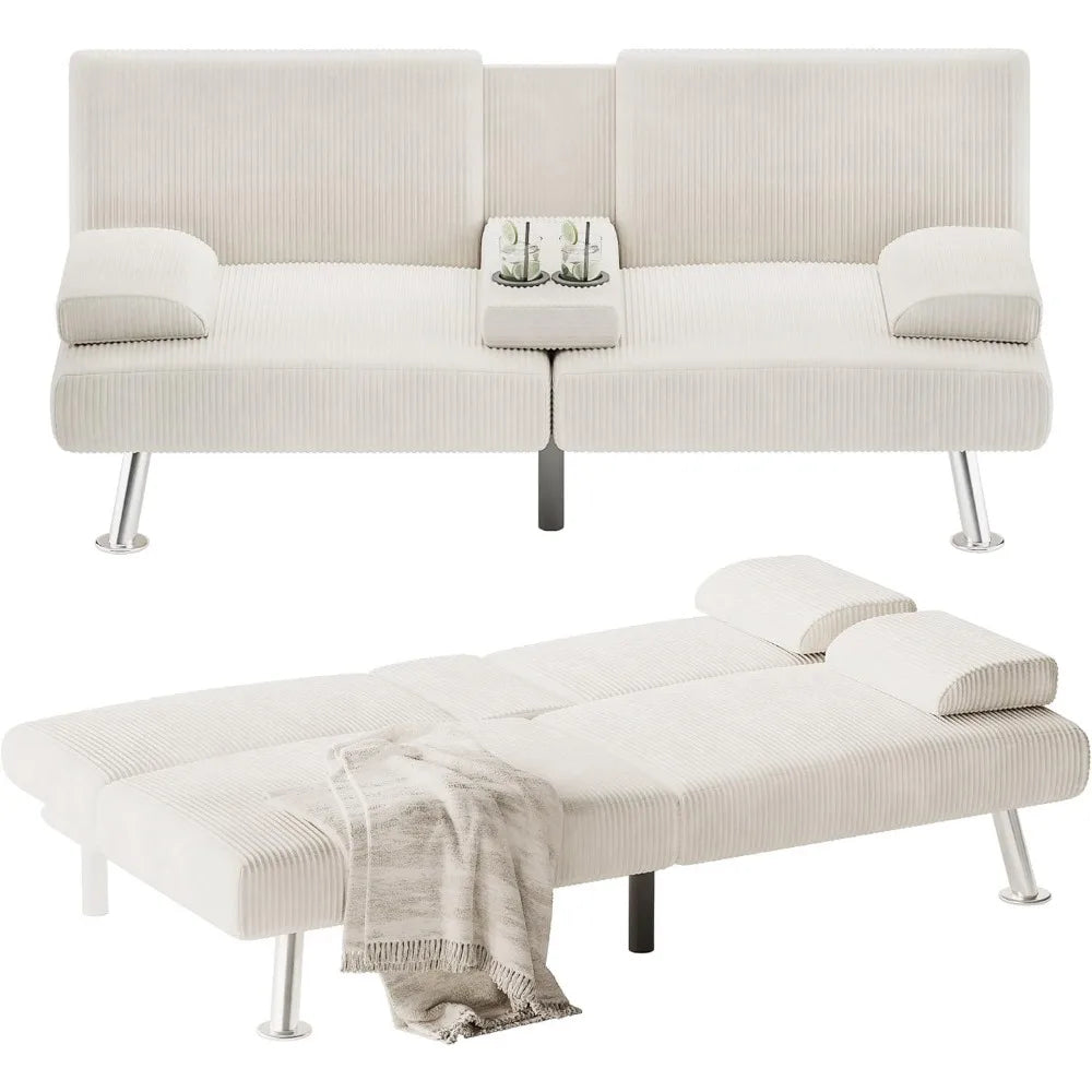 Futon Sofa Bed Modern Folding Futon Set Convertible Recliner Lounge for Living Room with 2 Cup Holders, Removable Armrests