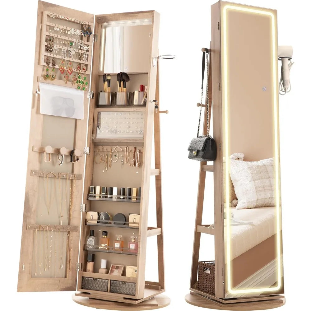 LED Mirror Jewelry Cabinet Standing, 360° Swivel Lockable Jewelry Armoire with Full Length Mirror and Adjustable LED Lights