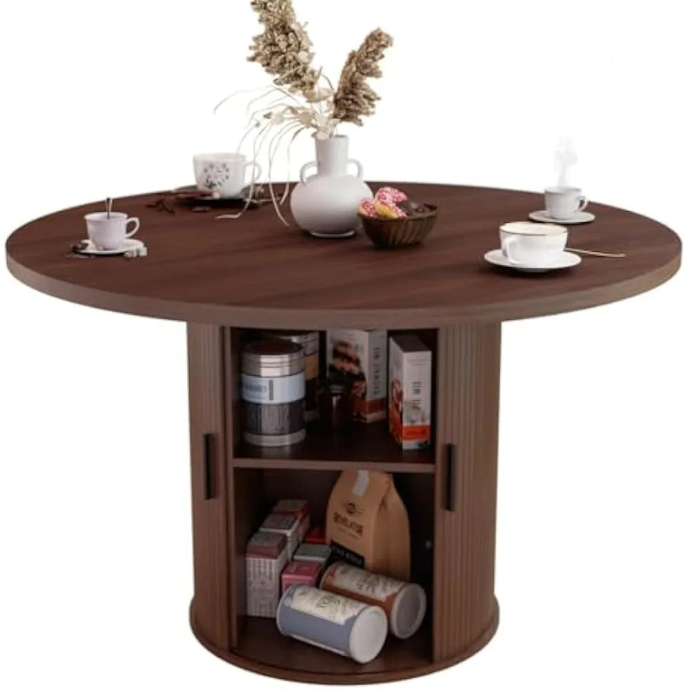 48'' Round Dining Table for 4 Kitchen Dining Table with Storage Dinner Table with 2-Layer Shelf and Wood Slide Door