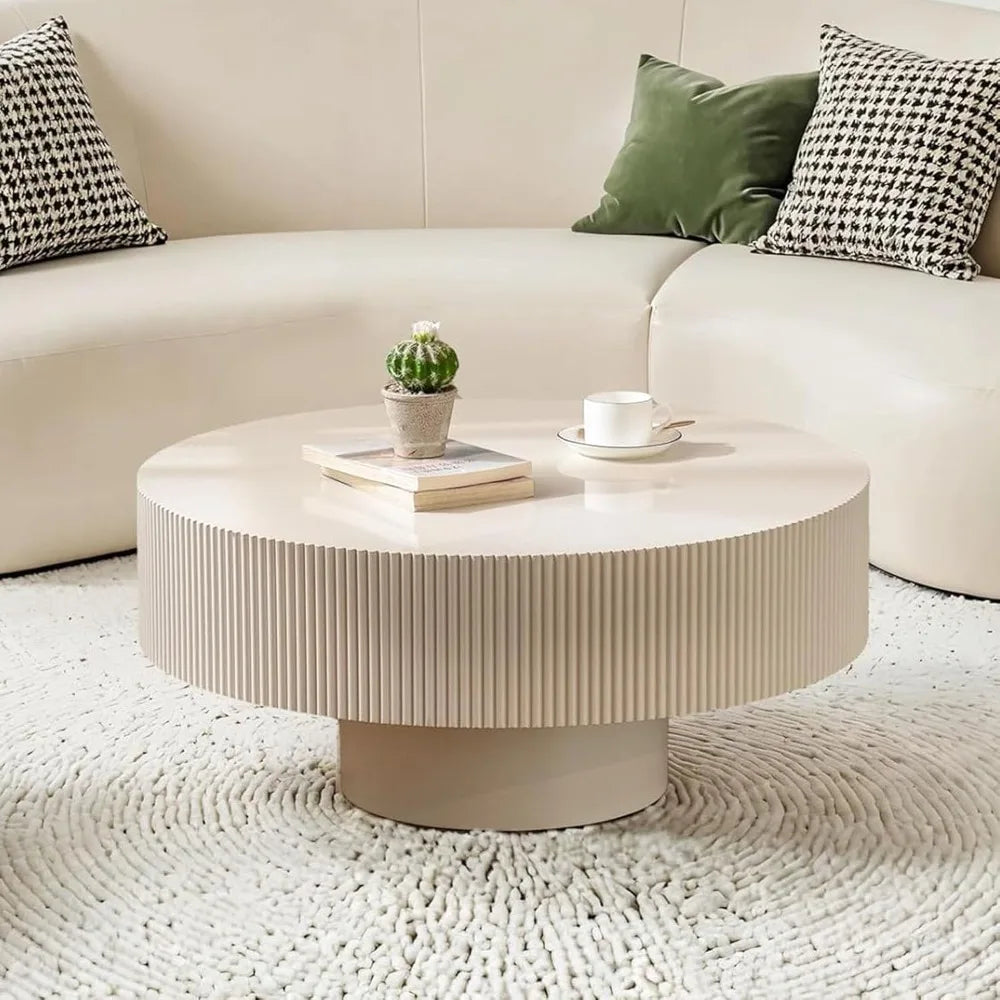 Modern Wood Coffee Table - Handcraft Drum Coffee Tables with Sturdy Base, Easy Assembly, Contemporary Style Small Coffee Table