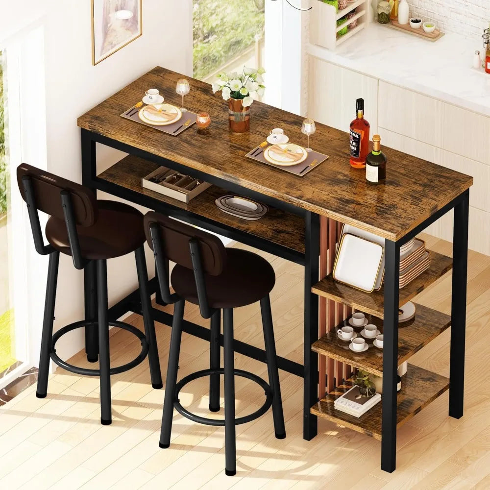 Dining Table Set for 2, Rustic Bar Height Dining Set with Storage & Counter Stools Island Table for Kitchen, Home Bar, Pub