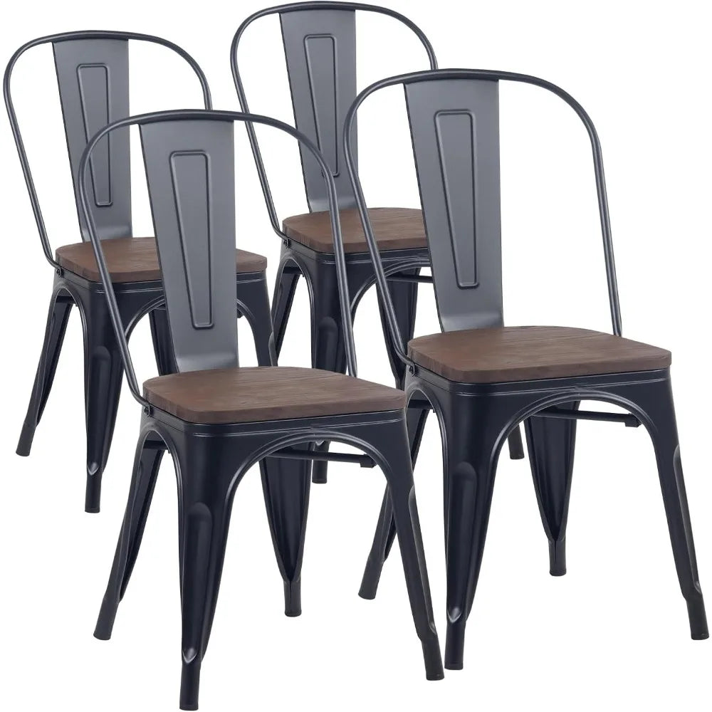 Metal Dining Chairs Set of 4 Iron Stackable Removable Back Wood Seat Patio Chairs Rubber Feet Stylish Modern Indoor Outdoor