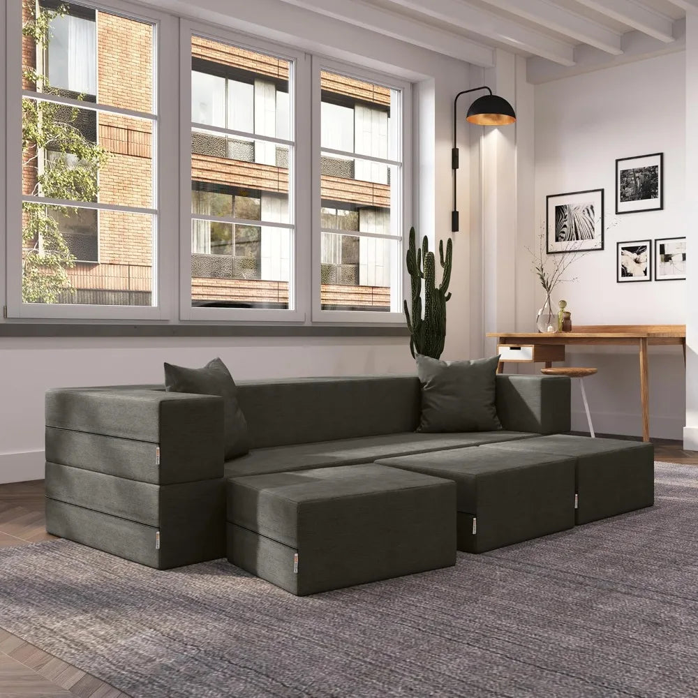 Zipline Convertible Sleeper Sofa & Three Ottomans/California King-Size Bed, Textured Microvelvet