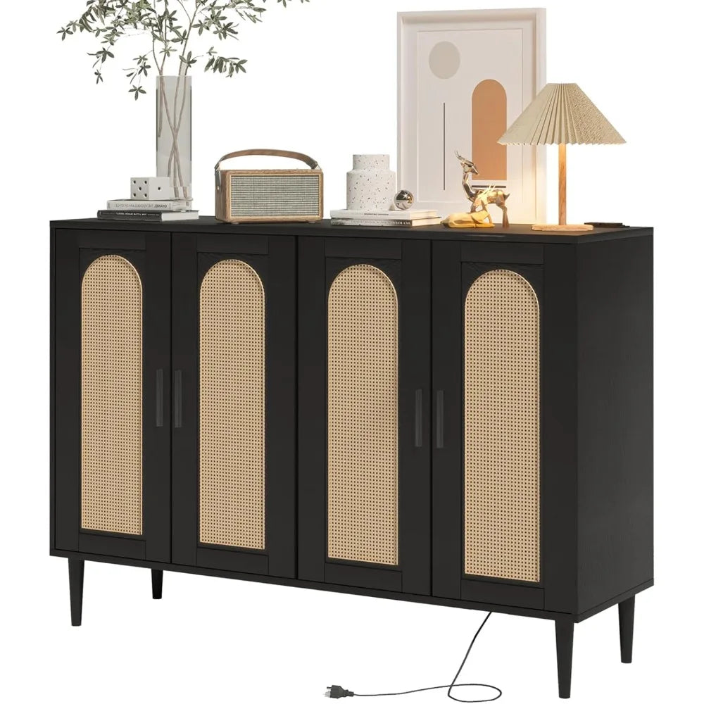 Sideboard Buffet Cabinet, 4 Rattan Doors Accent Storage Cabinet, Console Table Coffee Bar with Power Outlet, Adjustable Shelves