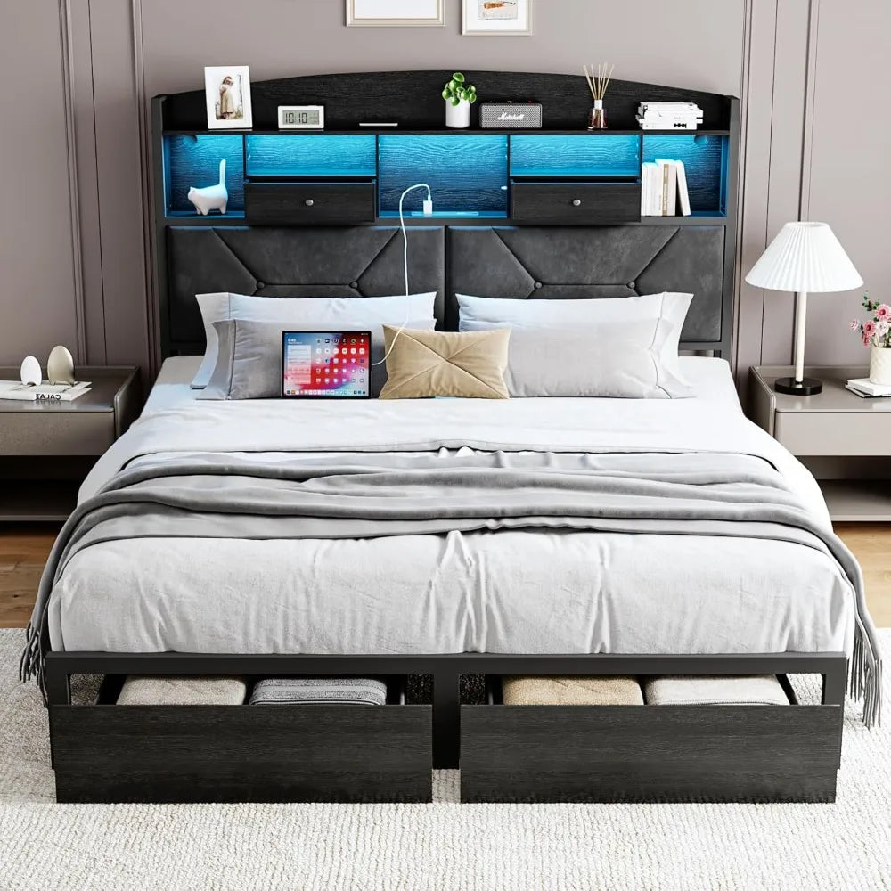 Full Size Bed Frame with 4 Storage, Upholstered Velvet Platform Bed Frames with Button Tufted Headboard Led Lights, Wooden