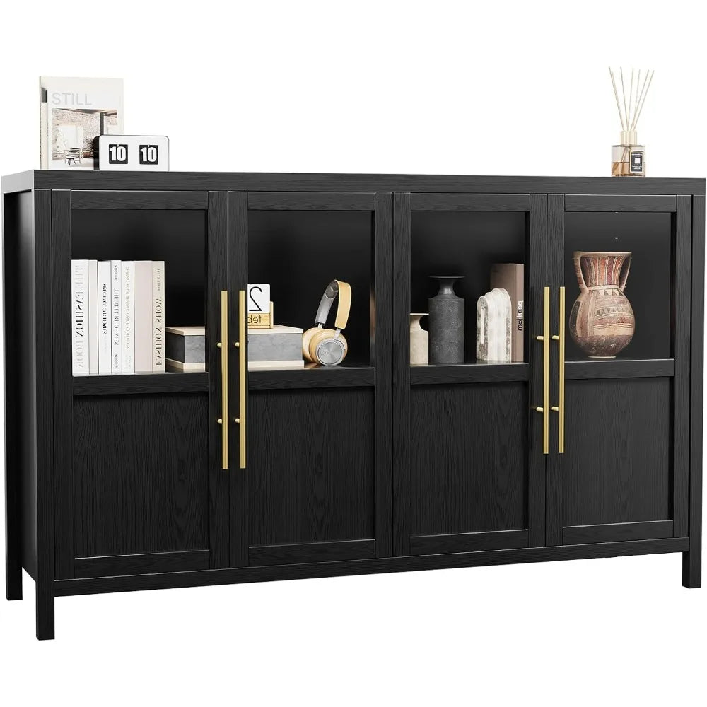 Sideboard Buffet Cabinet with 4 Glass Doors, 55" Large Buffet Cabinet with Storage, Modern Farmhouse Storage Cabinet Table