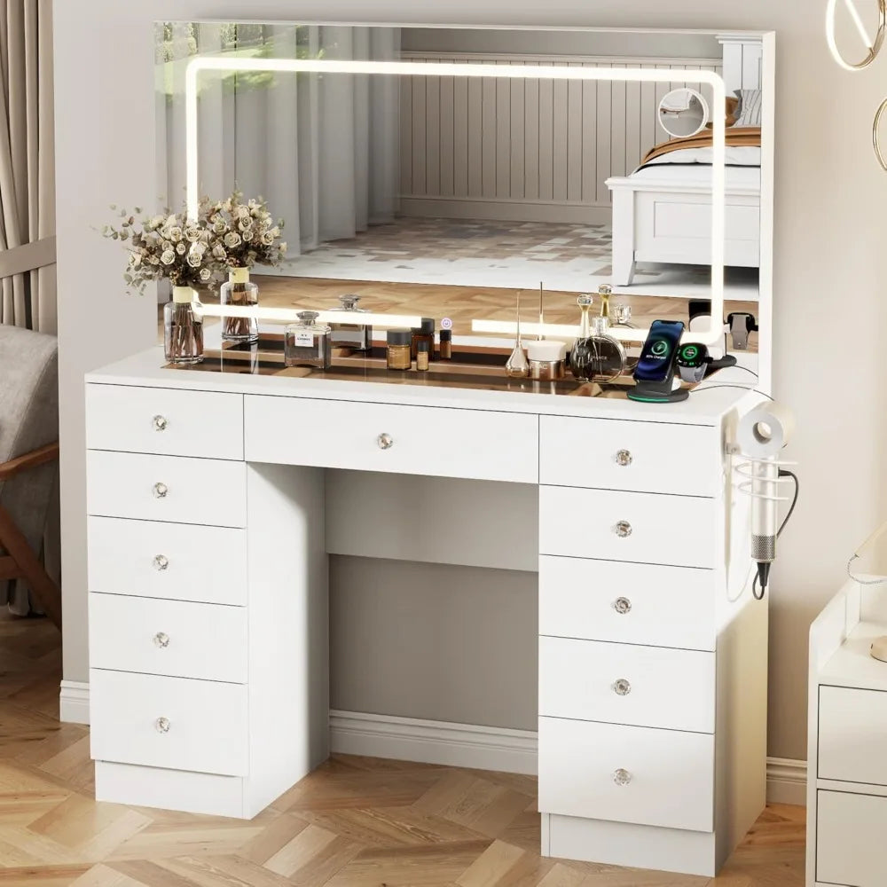 Vanity Desk with Mirror and Lights, 11 Drawers Makeup Vanity Desk with Tempered Glass top, 3 Lighting Modes Adjustable Brightnes