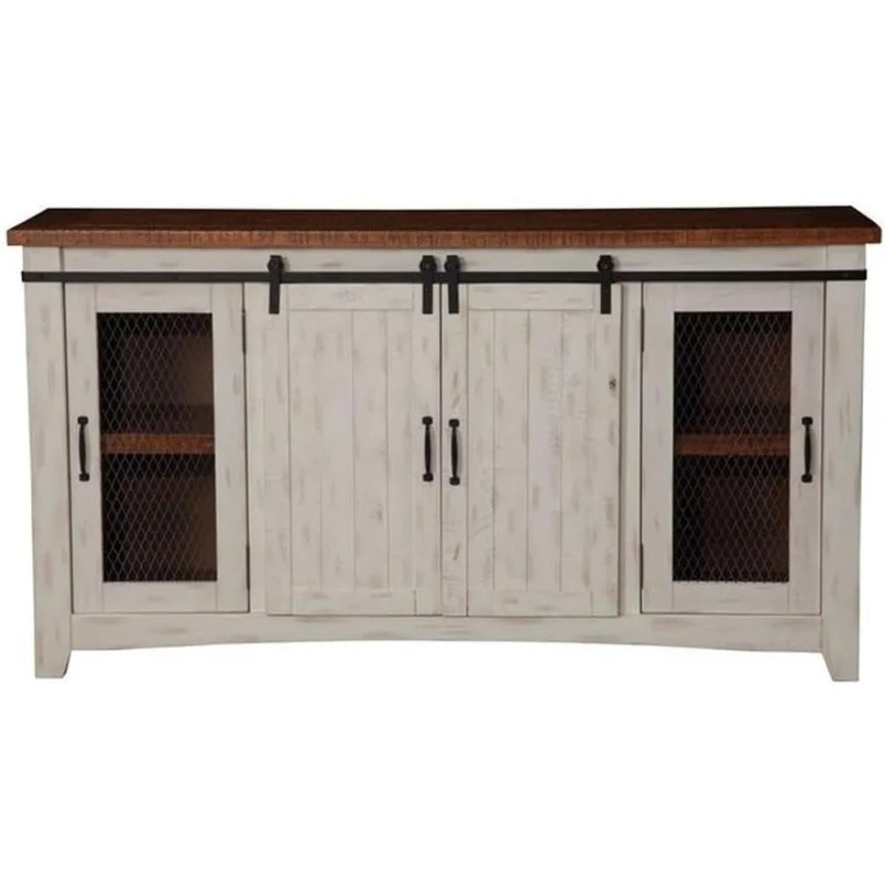 Rustic 65” Solid Wood TV Stand with Storage, White and Aged Distressed Pine