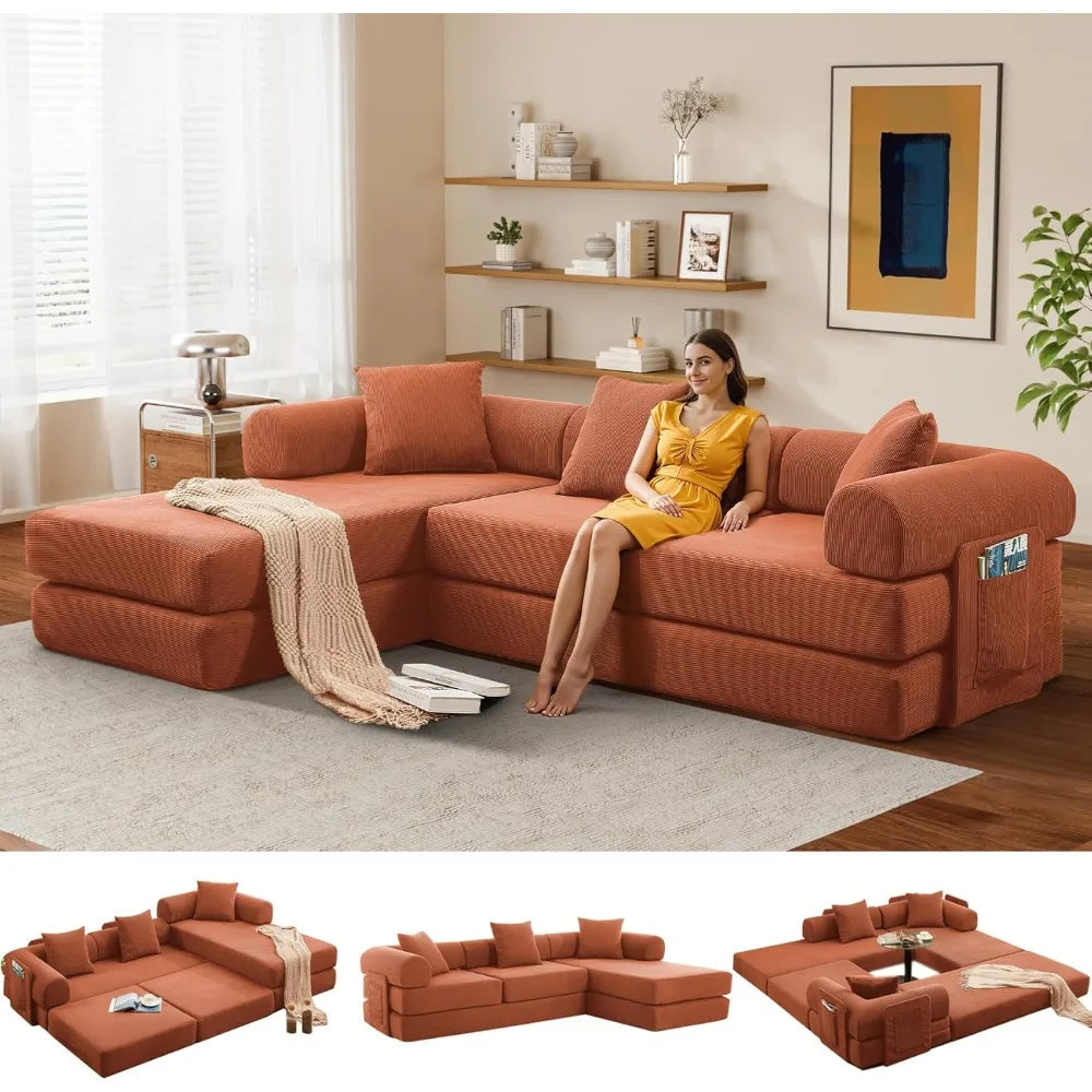 L Shaped Modular Sofa Bed with Cylindrical Pillow & Reversible Chaise, Corduroy Folding Floor Convertible Sofa Couch Bed